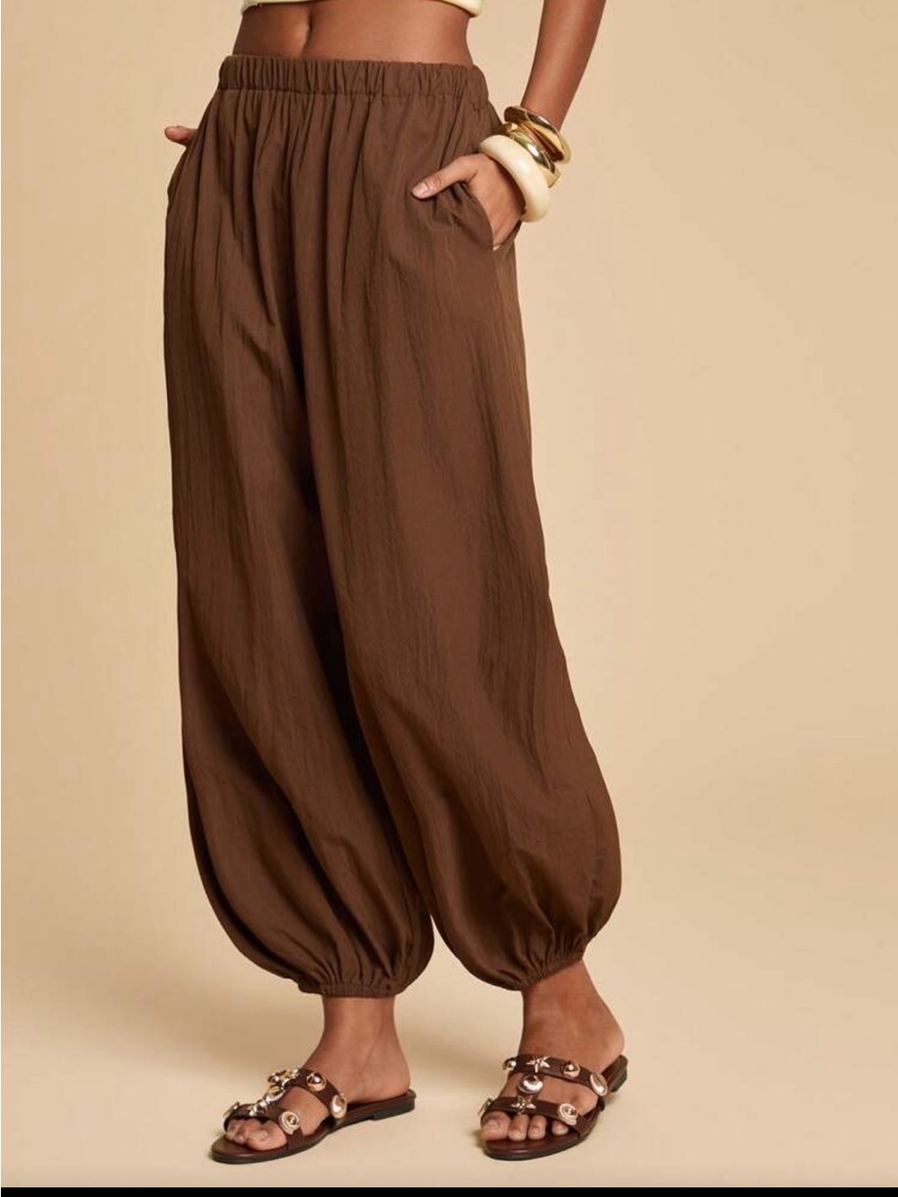 Brown Elastic-Waist Harem Pants - Picture 5 of 7
